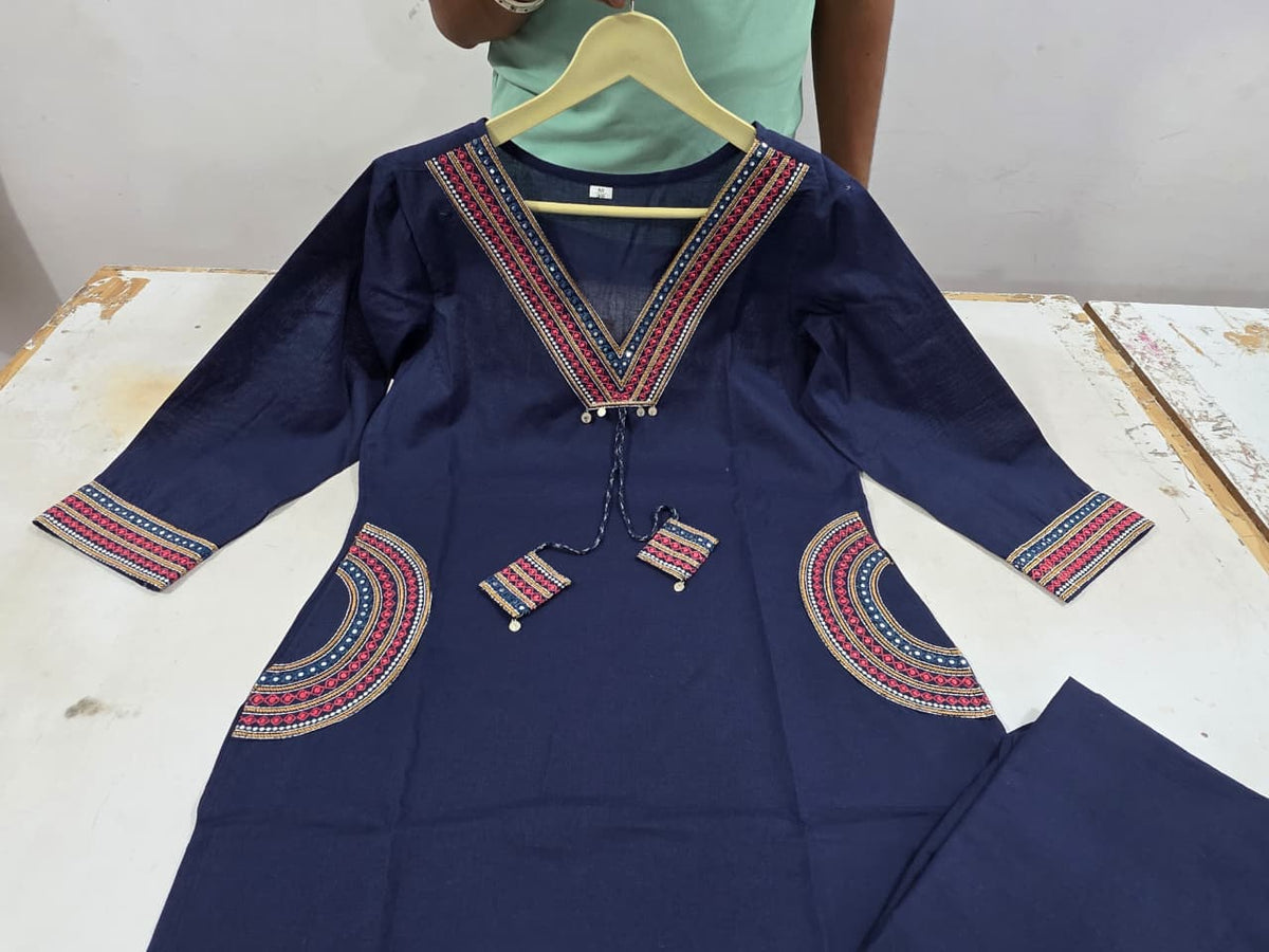 Blue Printed Cotton Kurta  Pant Set