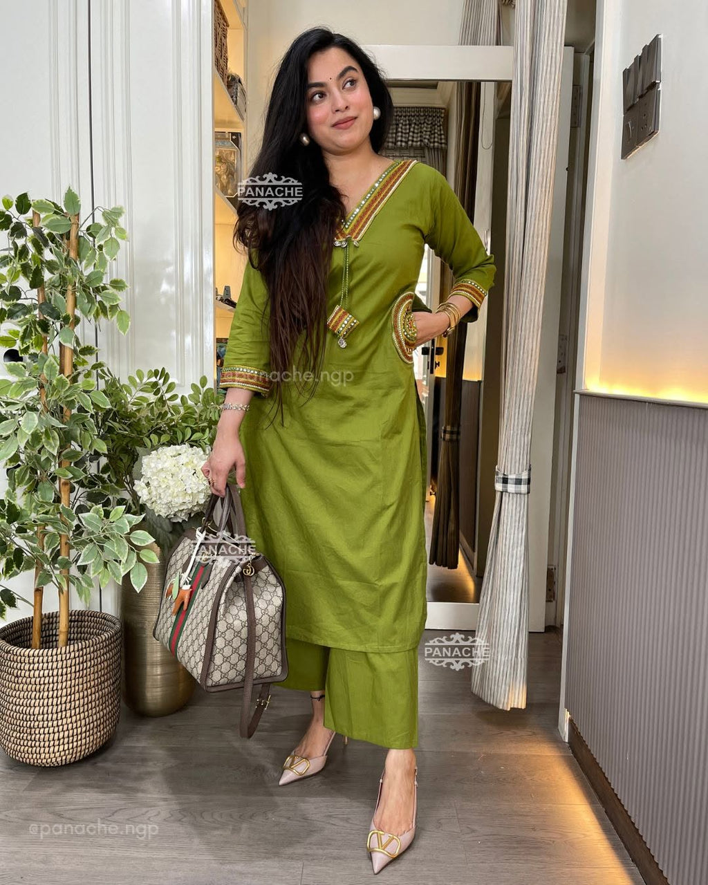 Green Printed Cotton Kurta  Pant Set
