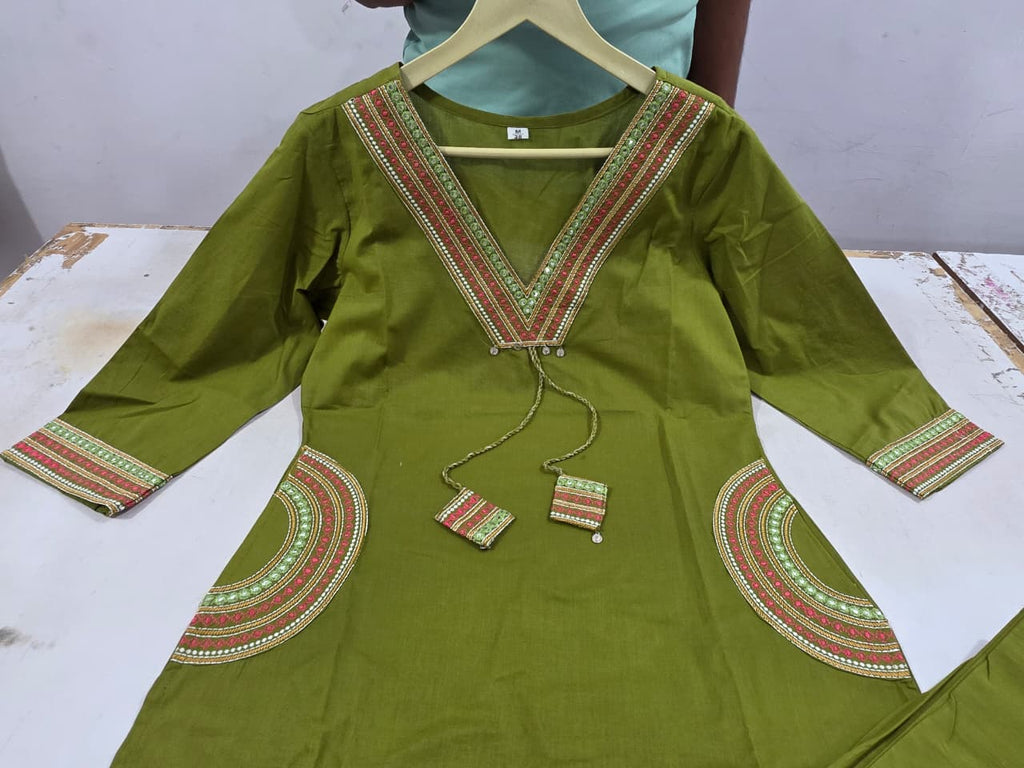 Green Printed Cotton Kurta  Pant Set