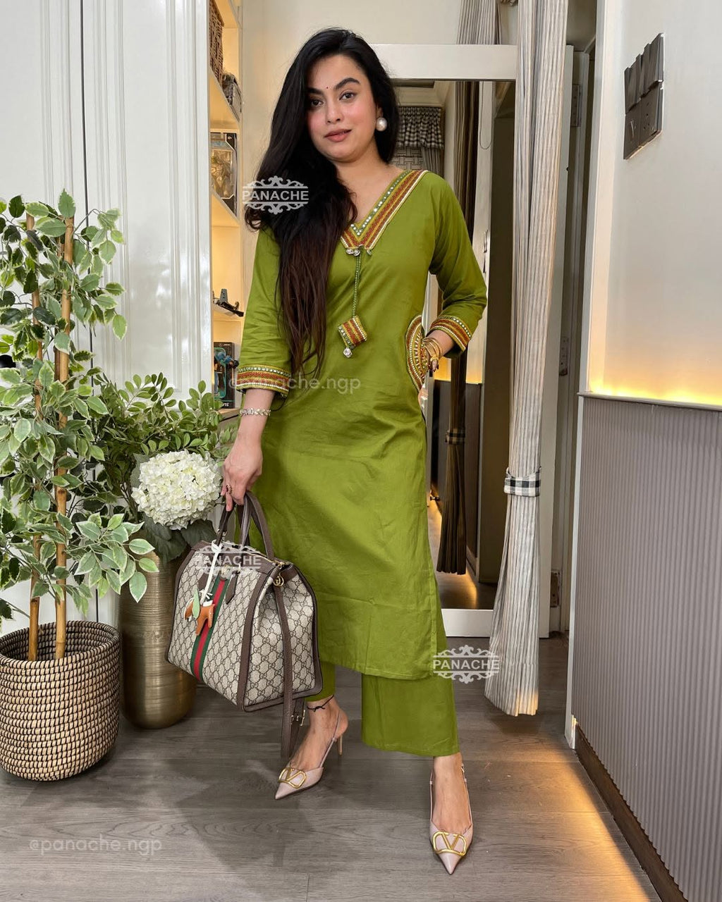 Green Printed Cotton Kurta  Pant Set