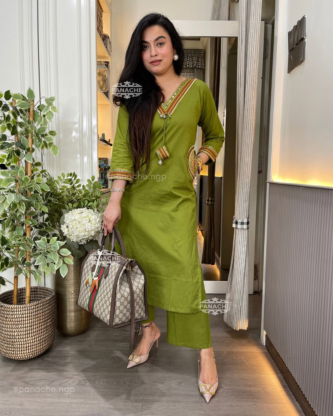 Green Printed Cotton Kurta  Pant Set