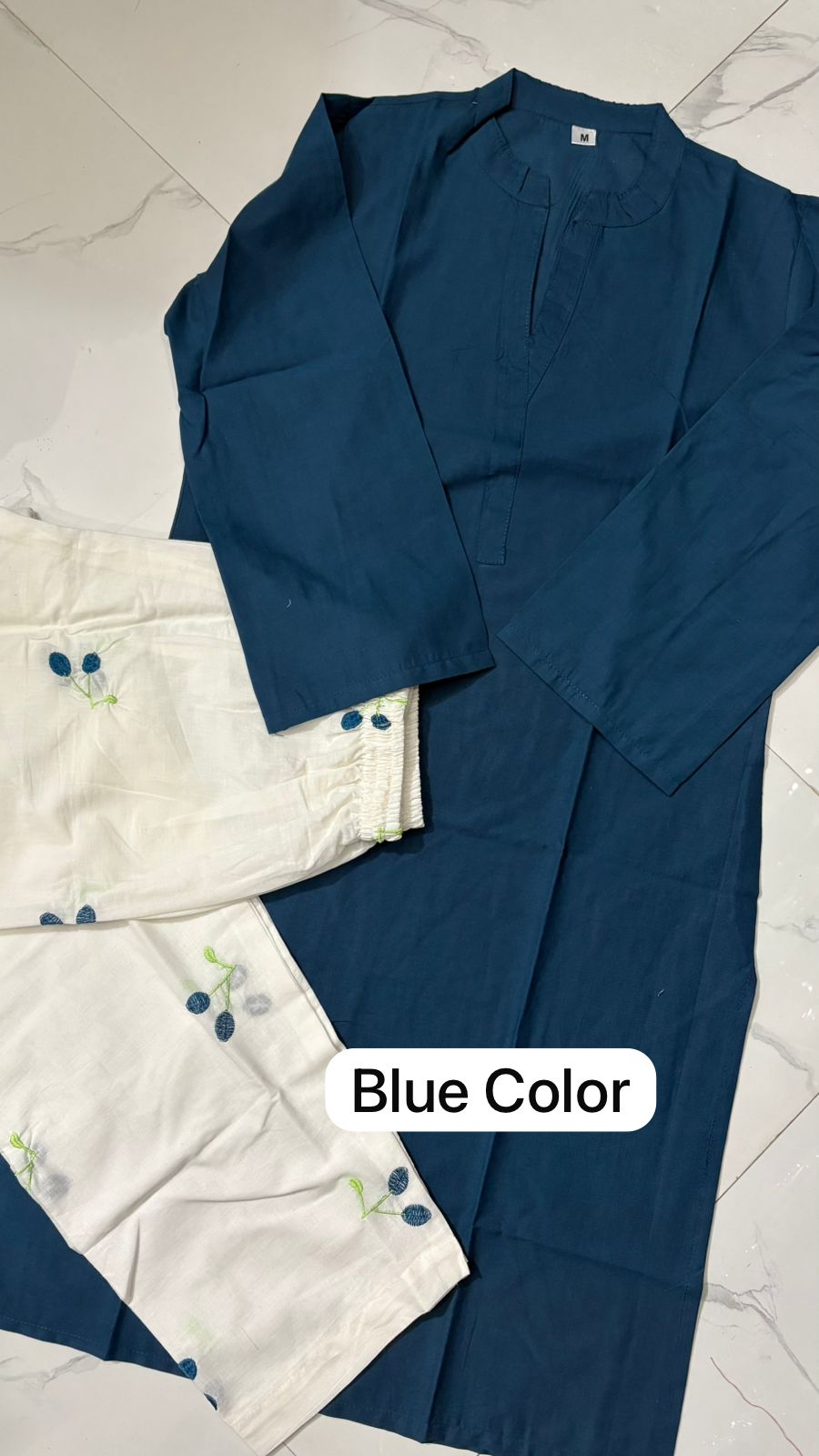 Blue Embroidered Cotton Kurti Palazzo Set