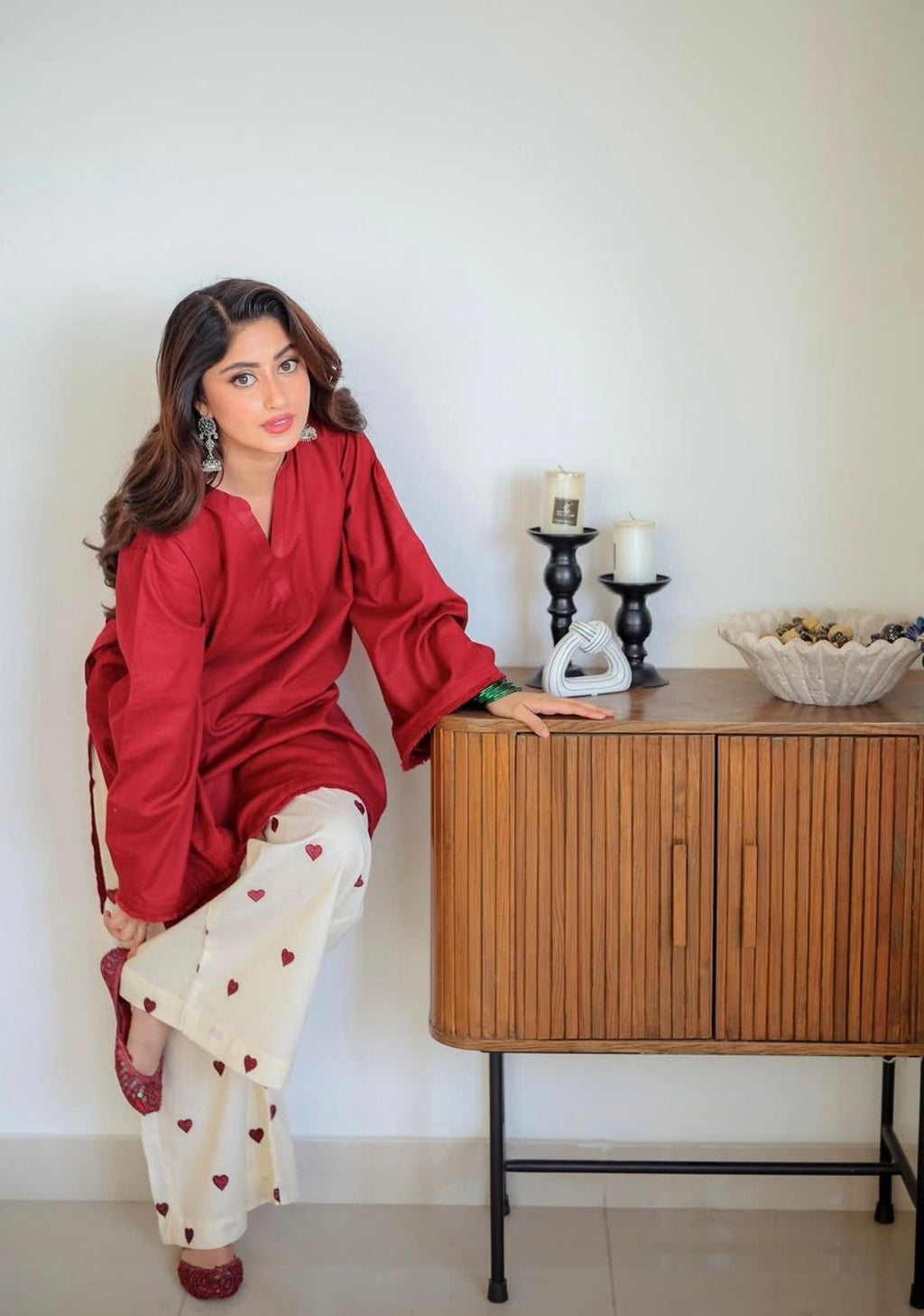 Maroon Embroidered Cotton Kurti Palazzo Set