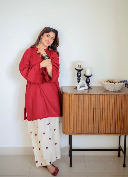 Maroon Embroidered Cotton Kurti Palazzo Set