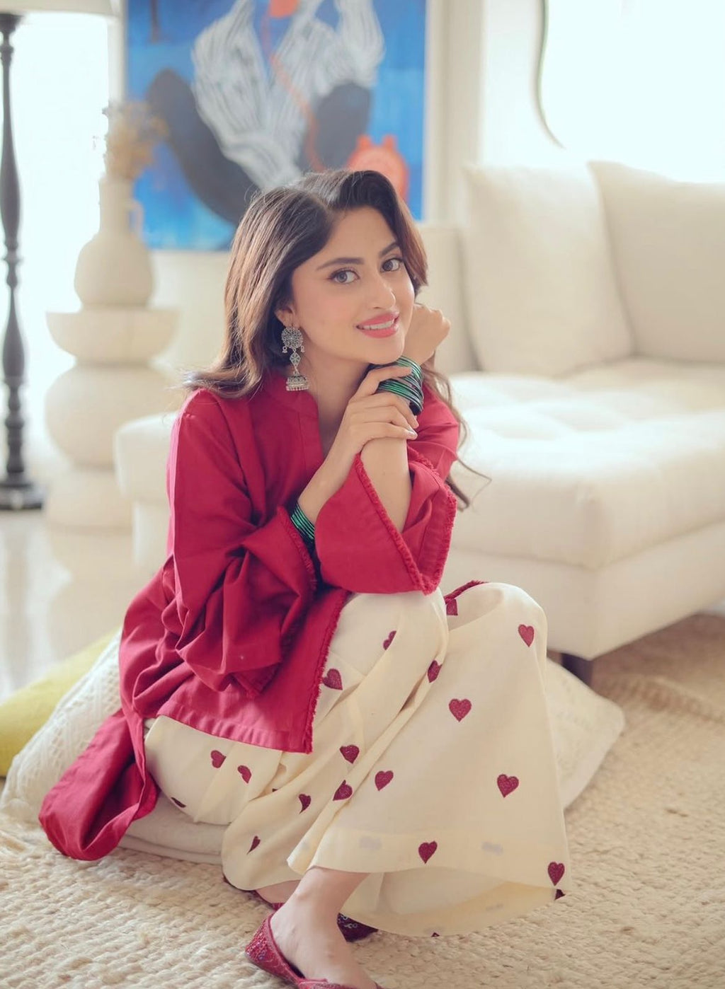 Maroon Embroidered Cotton Kurti Palazzo Set