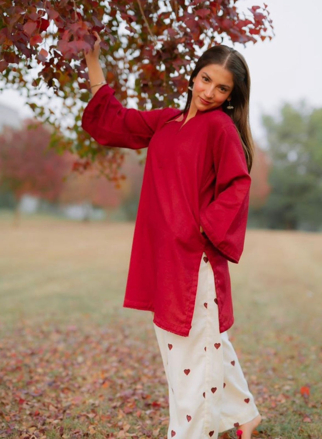 Maroon Embroidered Cotton Kurti Palazzo Set