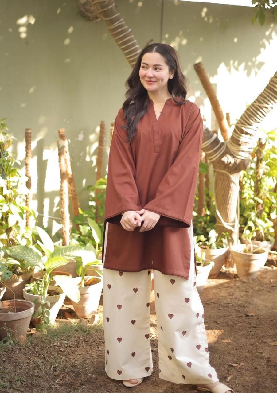 Brown Embroidered Cotton Kurti Palazzo Set