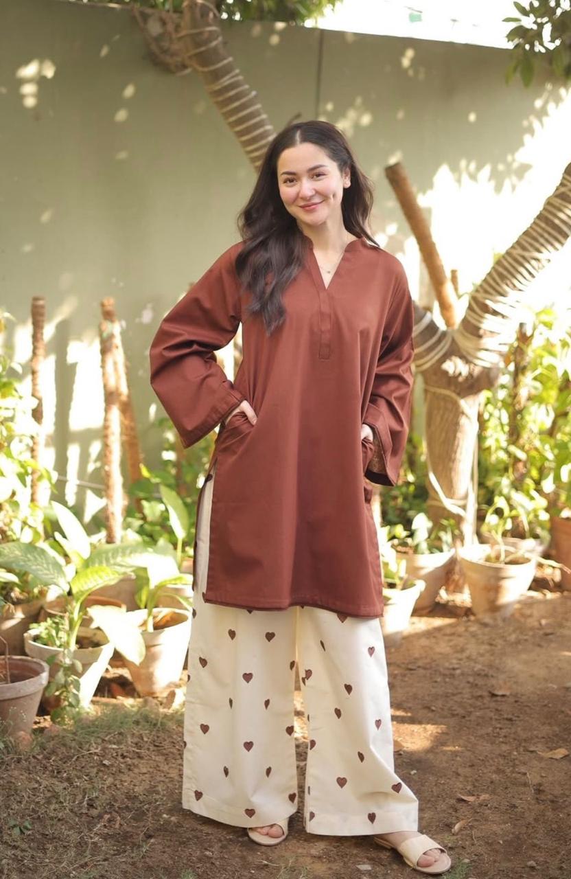 Brown Embroidered Cotton Kurti Palazzo Set