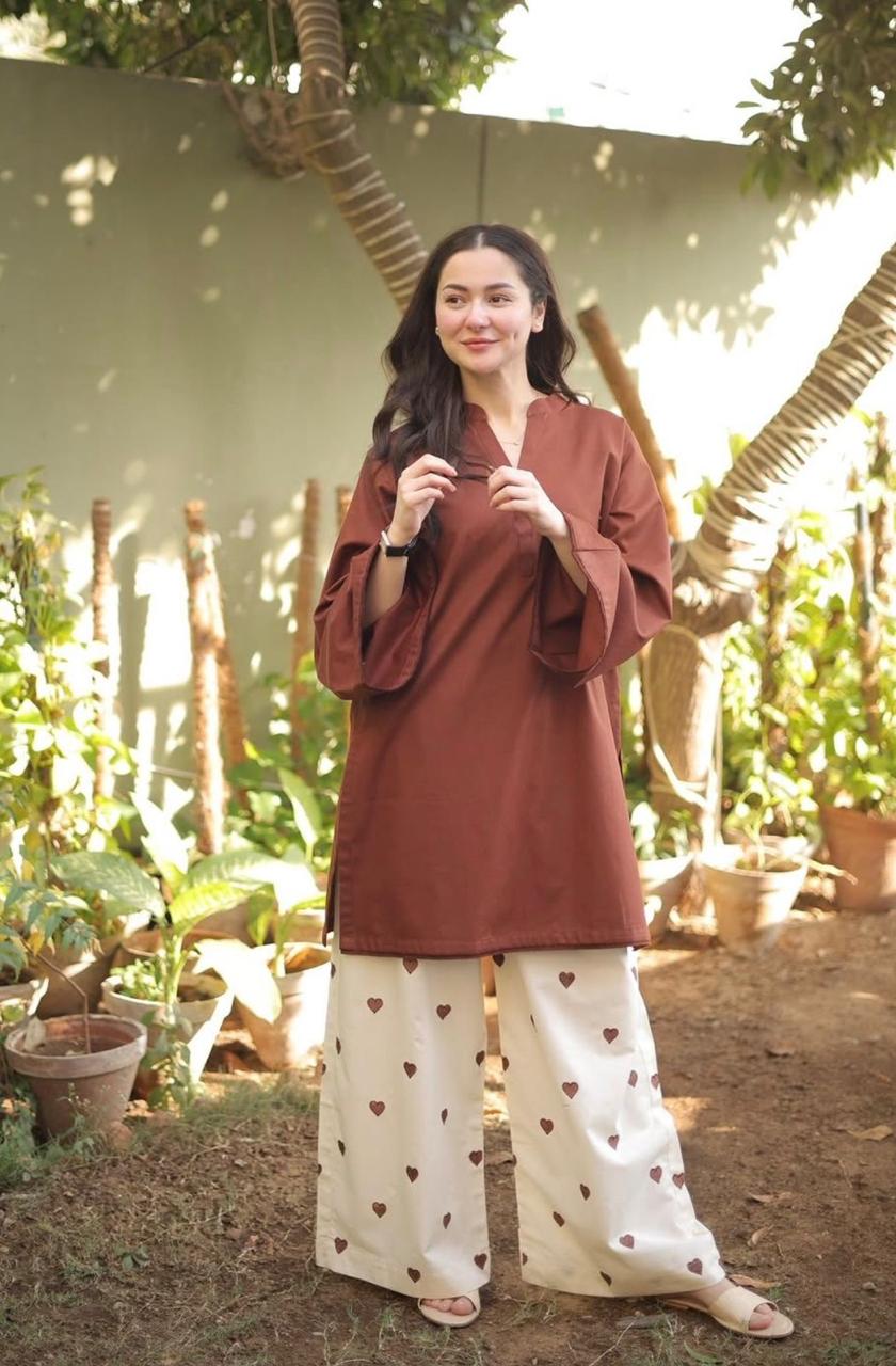 Brown Embroidered Cotton Kurti Palazzo Set