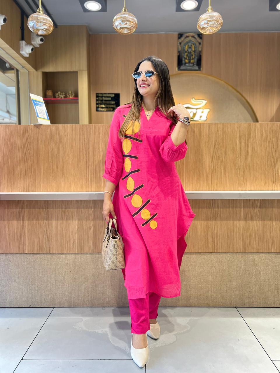Rani Pink Muslin Kurti Pant Set