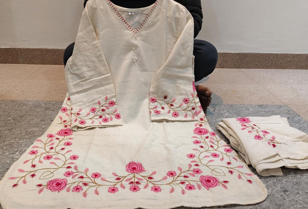 Cream Pink Embroidered Co-ord Set