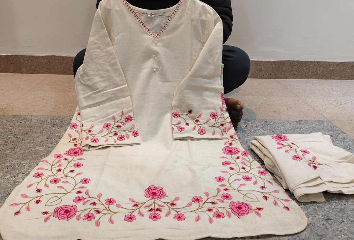 Cream Pink Embroidered Co-ord Set