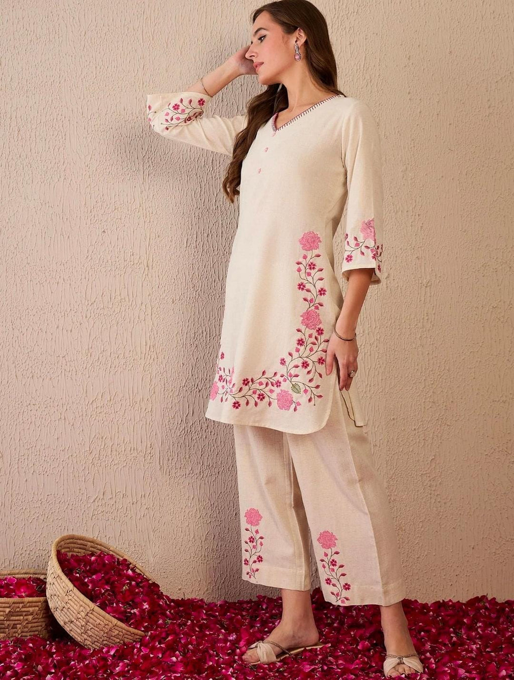 Cream Pink Embroidered Co-ord Set