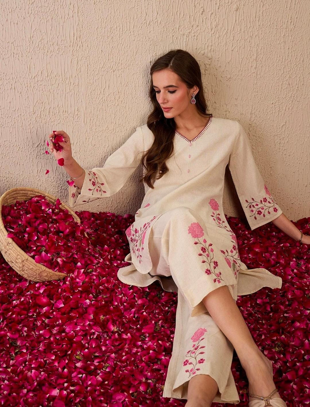 Cream Pink Embroidered Co-ord Set