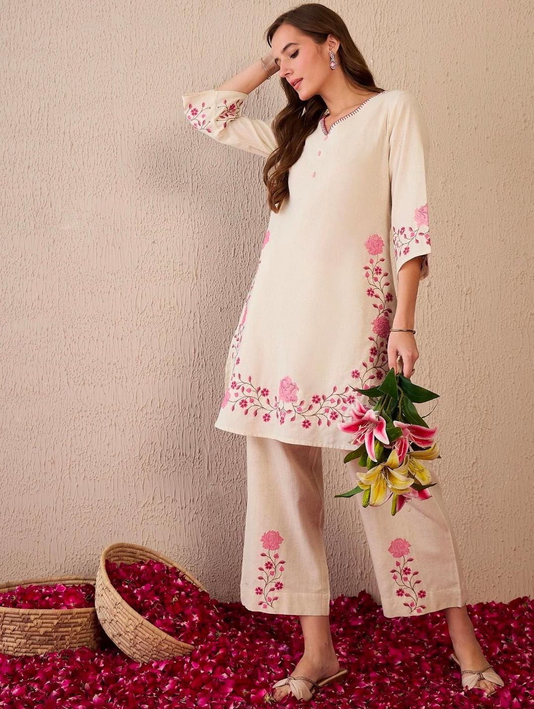 Cream Pink Embroidered Co-ord Set