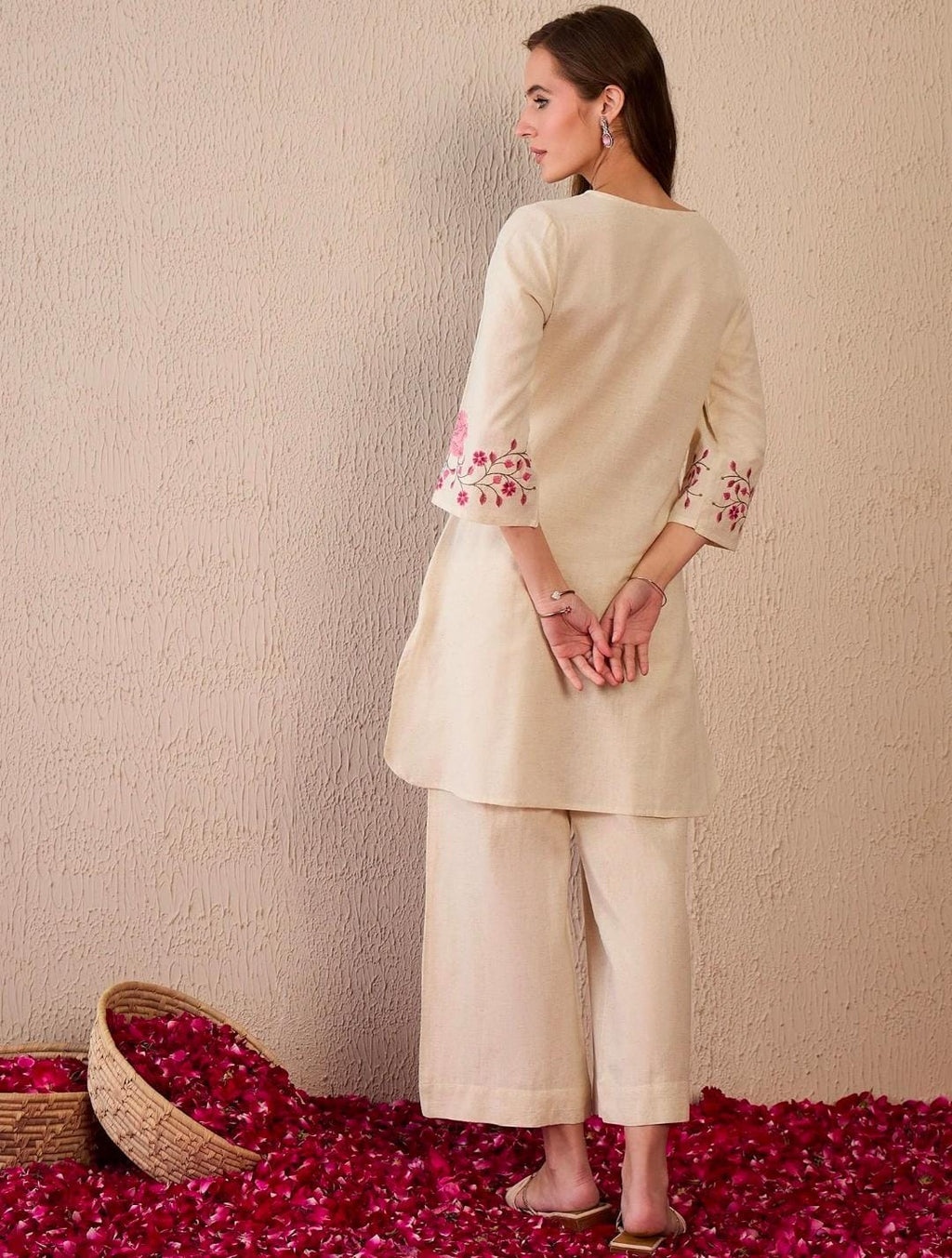 Cream Pink Embroidered Co-ord Set