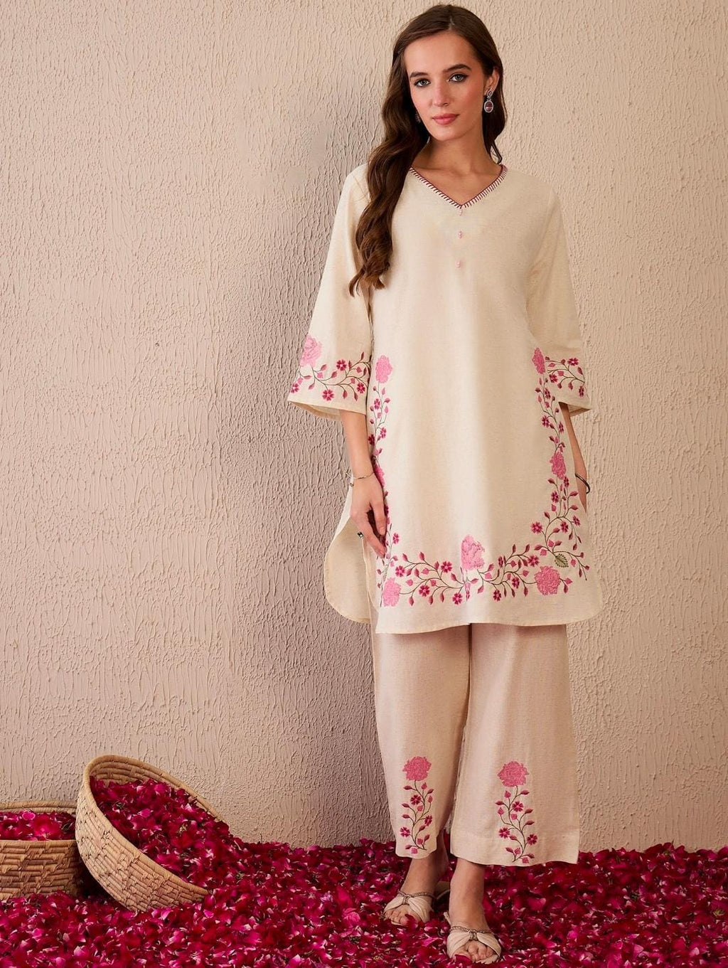 Cream Pink Embroidered Co-ord Set