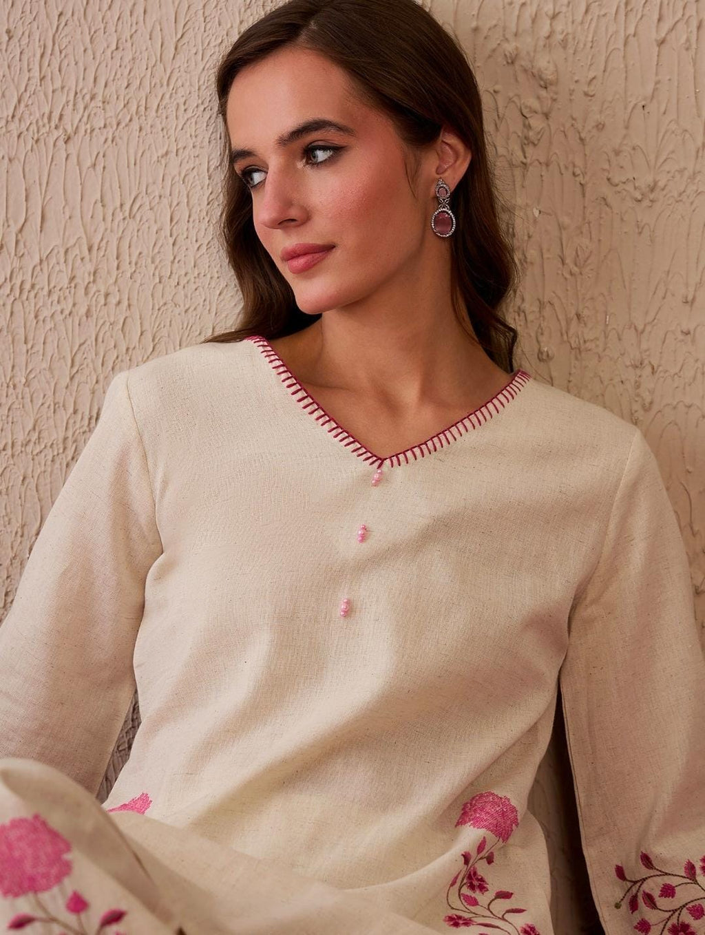Cream Pink Embroidered Co-ord Set