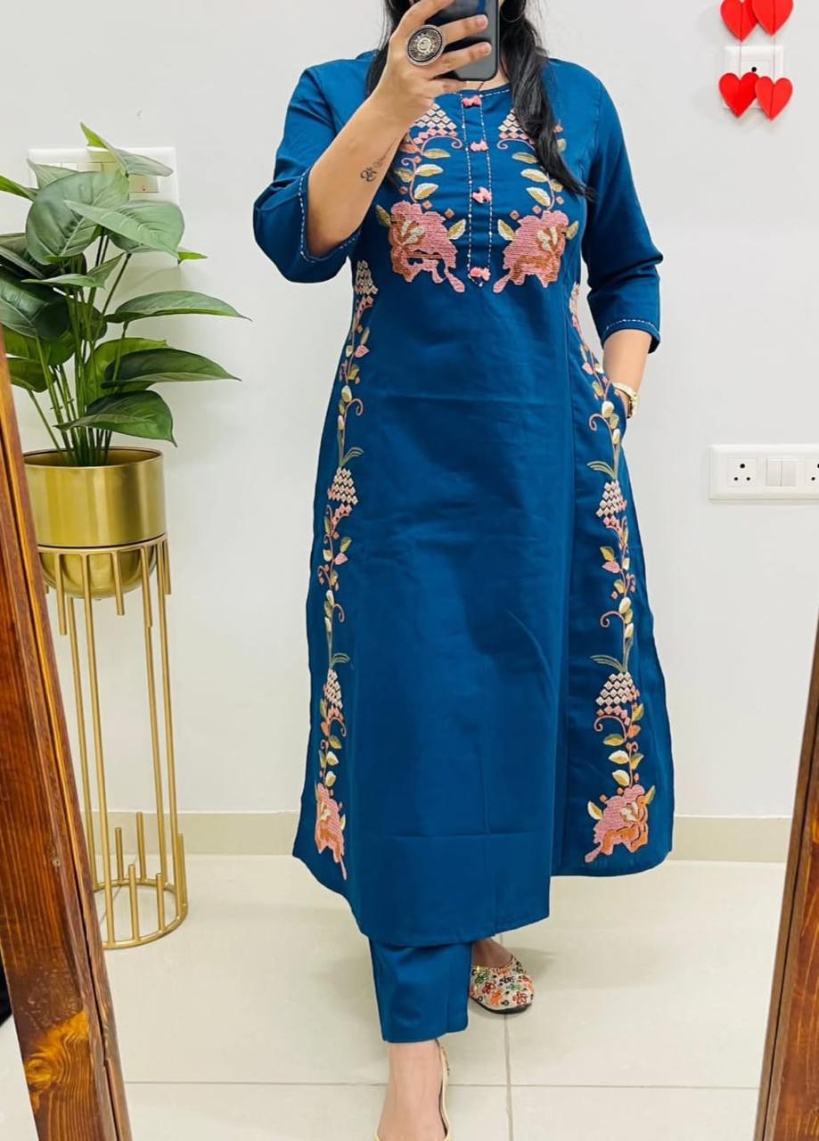 Blue Embroidered Cotton Flex Set