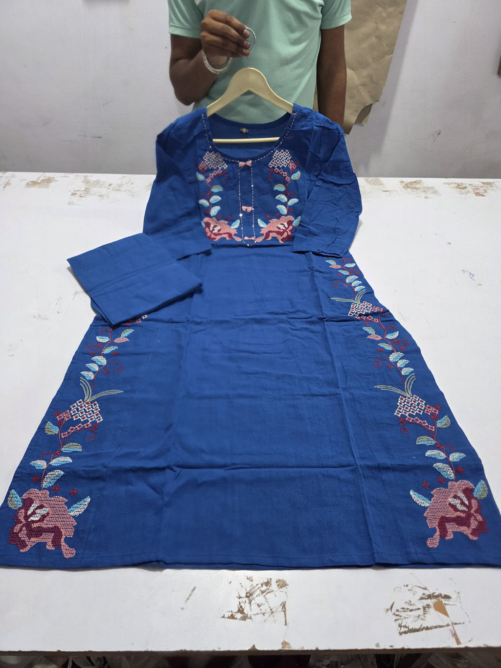 Blue Embroidered Cotton Flex Set